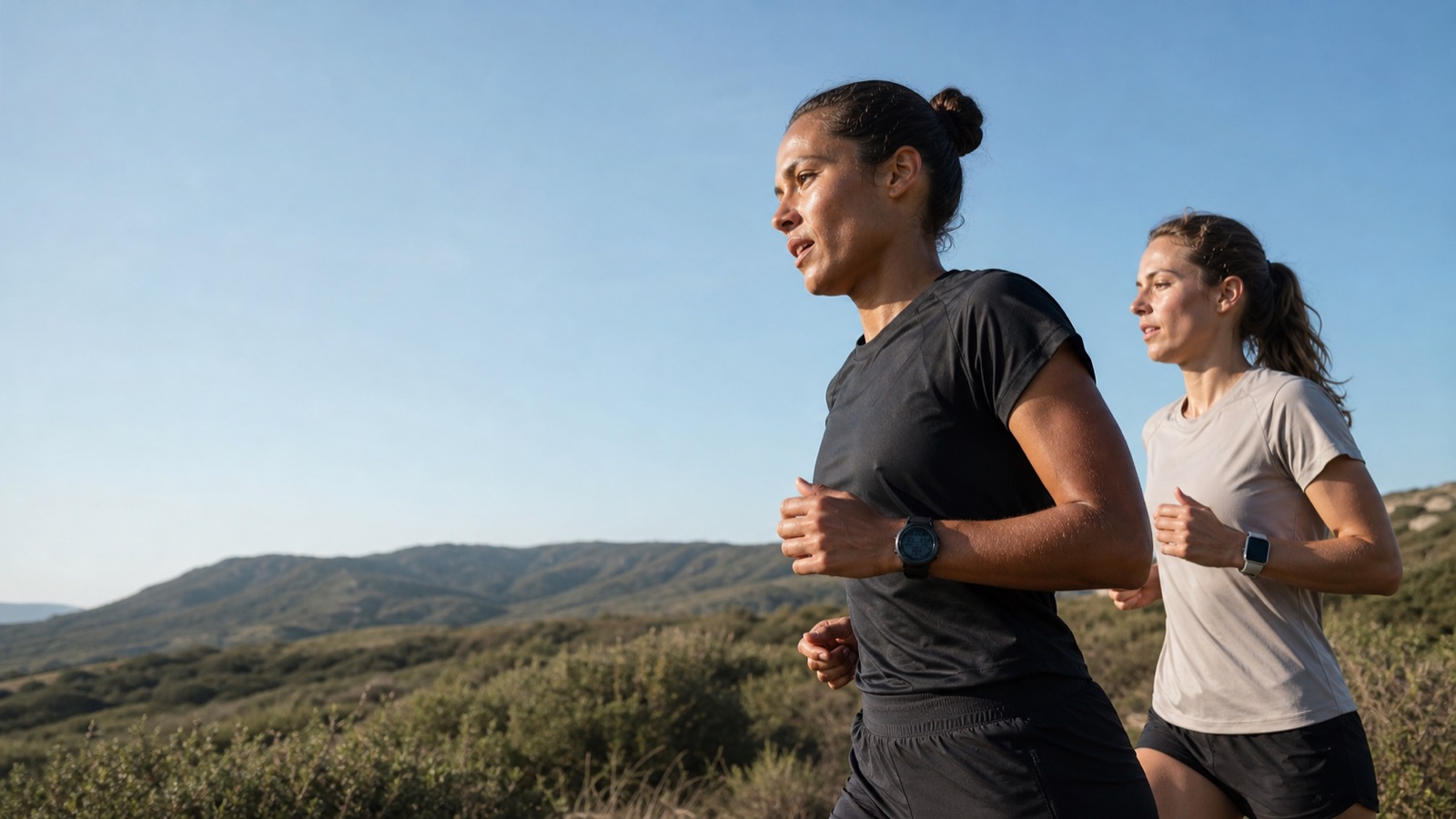 Two women running outdoors with wearables