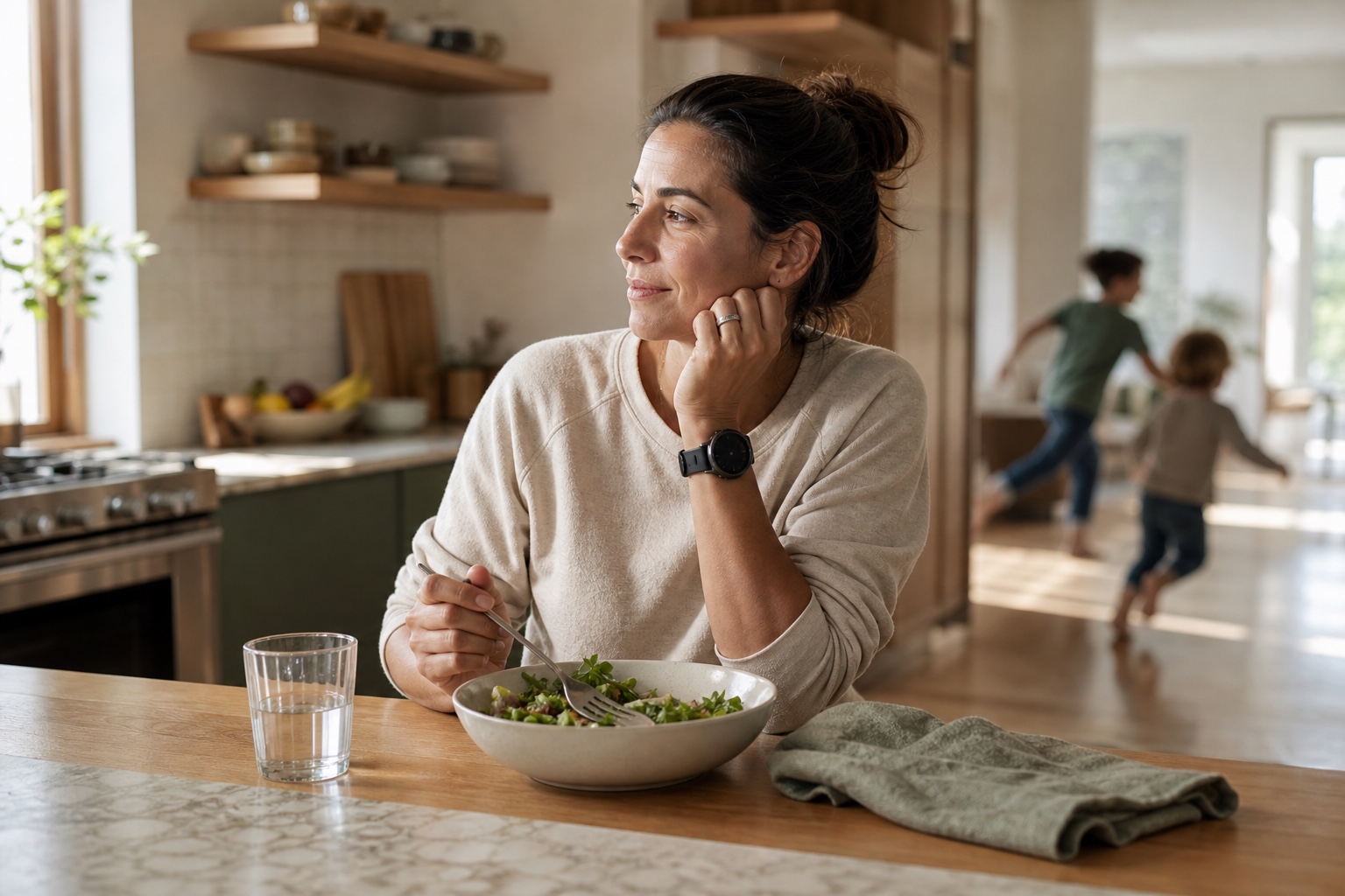 Mother pausing over lunch while family life moves around her