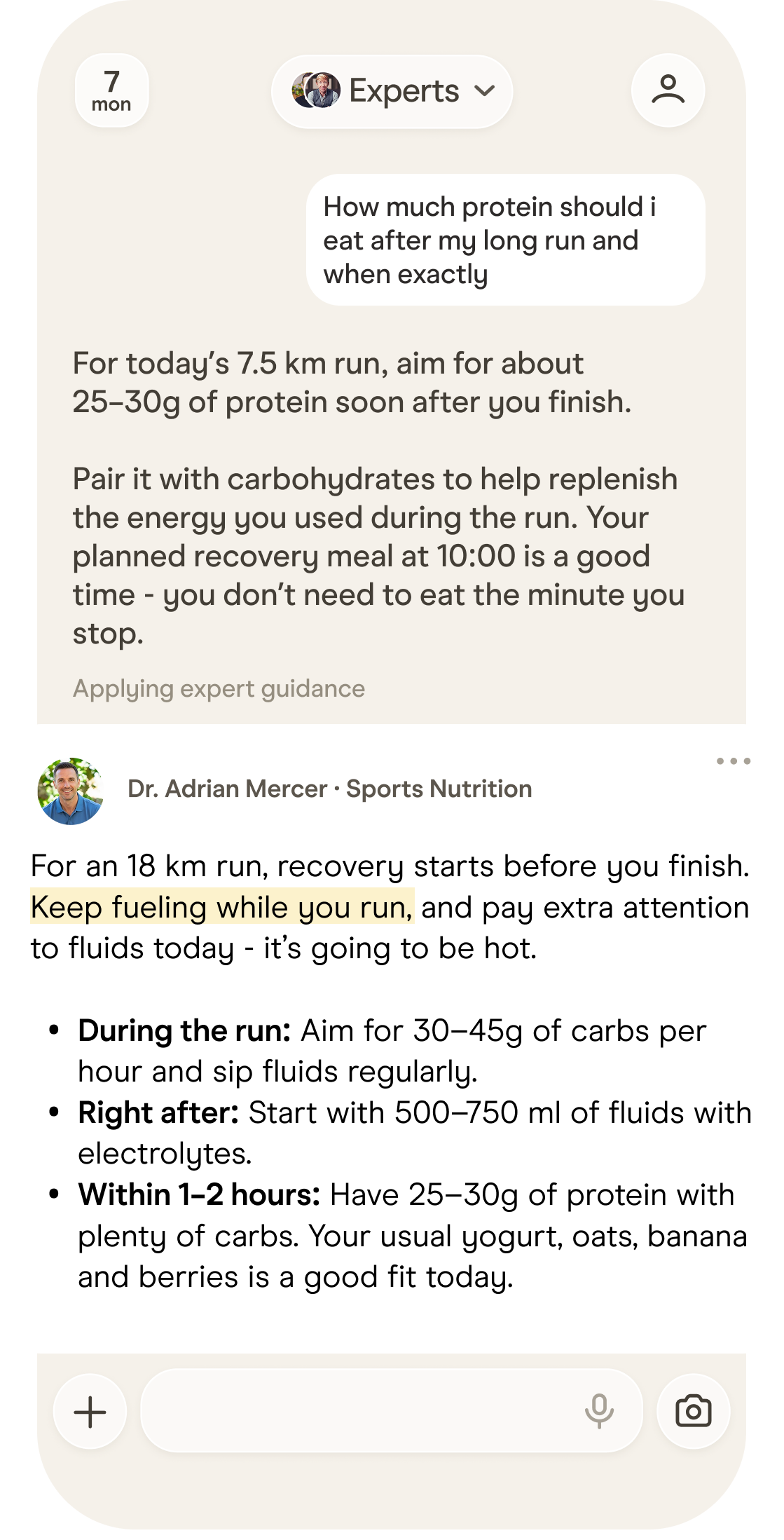 Ottavia answering a question about post-run protein, with the expert’s guidance