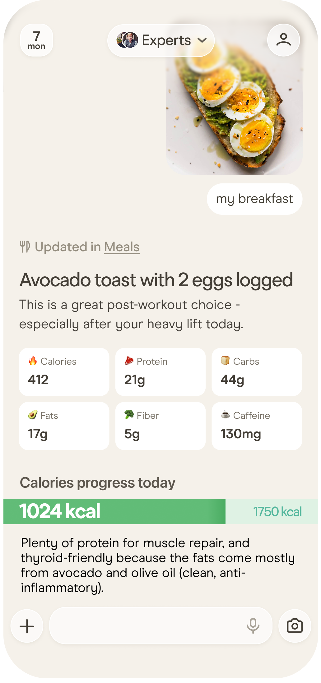 Ottavia: avocado toast with two eggs logged