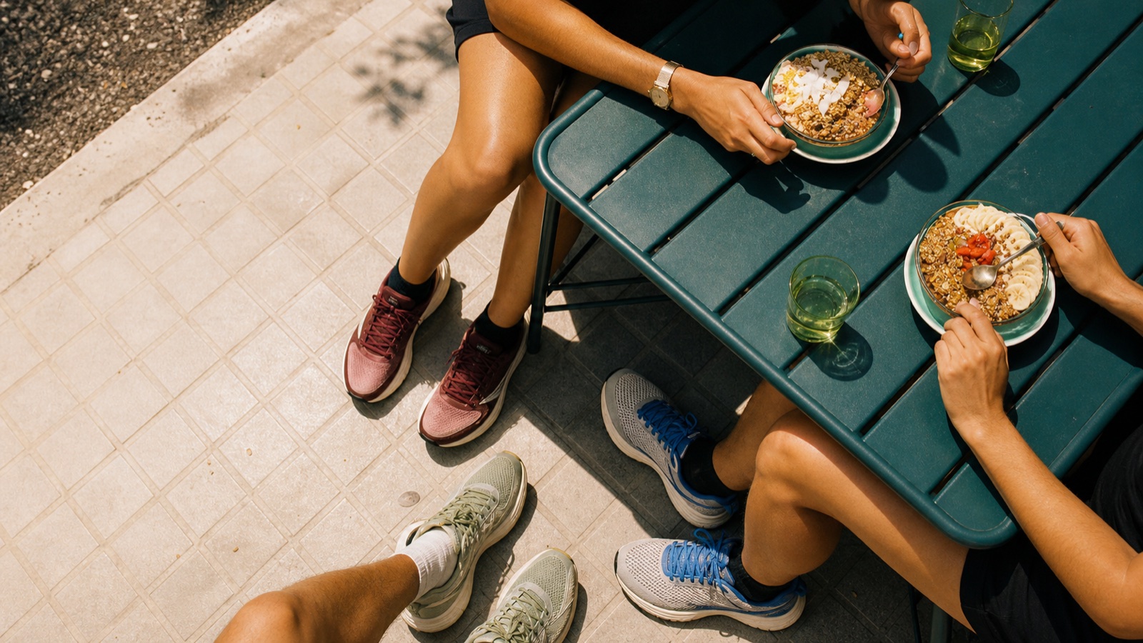 A post-run breakfast on a sunlit table